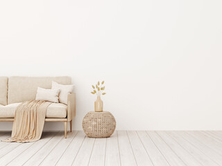 Living room interior wall mockup in warm tones with beige linen sofa, pillows, plaid, dried grass, woven basket table and boho style decoration on empty wall background. 3D rendering, illustration. - obrazy, fototapety, plakaty