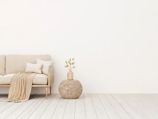 Foto op Canvas Living room interior wall mockup in warm tones with beige linen sofa, pillows, plaid, dried grass, woven basket table and boho style decoration on empty wall background. 3D rendering, illustration. © marina_dikh