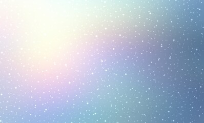 Light snow on hologram shiny magical background. Christmas fantasy illustration. Blue pink yellow iridescent colors.