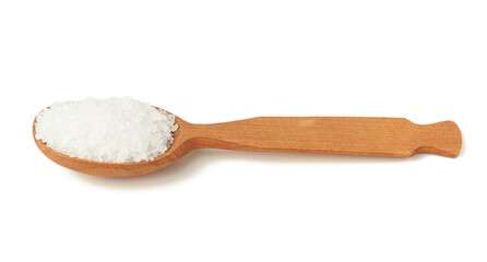 large crystals of white sea salt in a brown wooden spoon