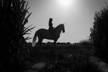 Greyscale shot of a female riding a horse through the farm