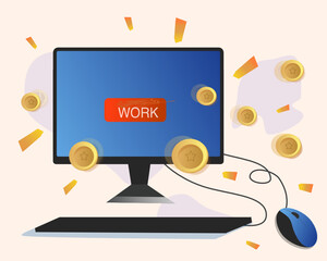 Coins are appearing from the desktop computer monitor. It means the idea of making money online. The red button "Work" is on the screen.