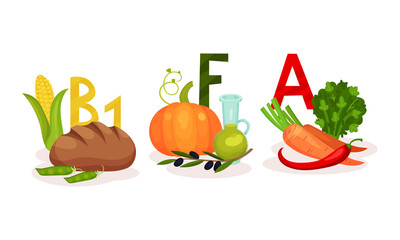 Different Food Grouped by Vitamin as Healthy Nutrition Vector Set