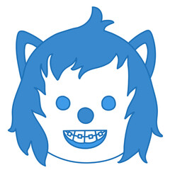 young smiling teen with brackets on teeth, simplistic facial expression vector illustration, simple hand drawn wolf emoticon, funny cartoon character