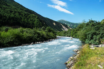 View of the mountain river. River in the North Caucasus mountains