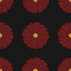 Seamless pattern with dark red flowers in dull and faded colors on the black background