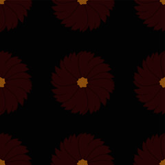 Seamless vector pattern with dark red flowers in dull and faded colors on the black background