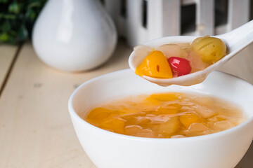 white fungus with fruit cocktail; a staple dessert of many Chinese restaurants