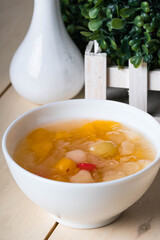 white fungus with fruit cocktail; a staple dessert of many Chinese restaurants