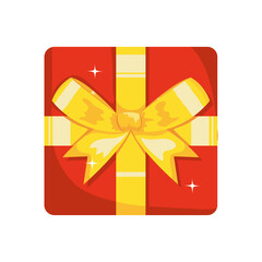 red gift box with golden bow, colorful design