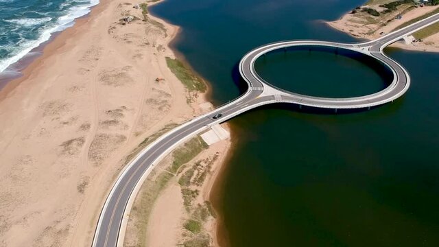 Drone capturing car approaching the bridge in the ocean in Garzon, Maldonado, Uruguay