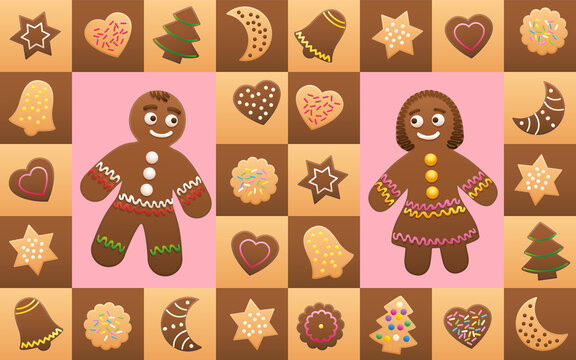 Christmas cookies with gingerbread man and woman in love - cookies and symbols, typical shapes like christmas trees, hearts, stars, moons, bells. Vector illustration background.
