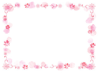 Fototapeta na wymiar ピンクの花の手描きの春っぽいフレーム飾り枠