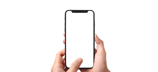 Hand holding smartphone device touching screen