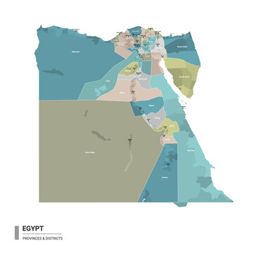 Egypt higt detailed map with subdivisions. Administrative map of Egypt with districts and cities name, colored by states and administrative districts. Vector illustration with editable and labelled la