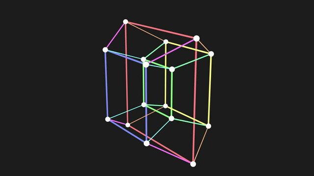 4 dimensional hypercube Tesseract rotating on black background. Looped shape motion geometry animation