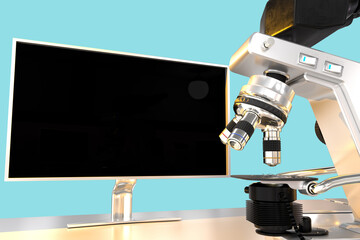 96 MPx high resolution renders of microscope and monitor with fictional design isolated on blue - medical 3d illustration, biochemistry research concept