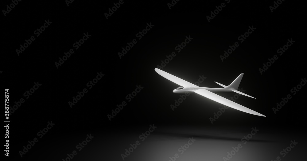 Poster gliders illustration at dark background and spotlight. 3d illustration of aircraft with empty space 