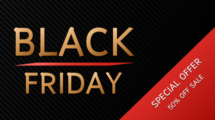 Black friday sale abstract carbon fiber background with text "Special offer 50% off sale", Vector Banner for shop.