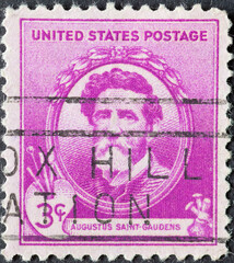 USA - Circa 1940: a postage stamp printed in the US showing a portrait by the American sculptor Augustus Saint-Gaudens