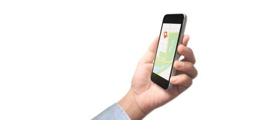 Hand holding smartphone device touching screen and gps map