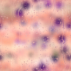 Seamless rain drop water repeat pattern on blur. High quality illustration. Realistic digital render of water droplets and drips on a blurred out pattern background. Pure water with light refraction.