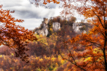 old Ruin of Reussenstein in colorful autumn landscape of the Swabian Alb near Kirchheim Teck, Baden-Wuerttemberg Germany
