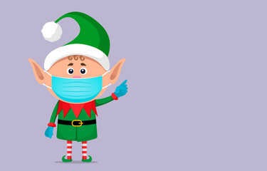 little elf in a medical mask and surgical gloves holds a New Year's