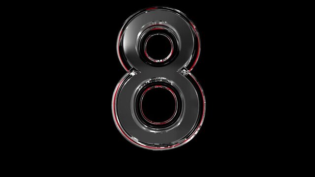 Solid glass font or alphabet red outline and moving reflection for words composing in your jewelry or gems conceptual videos - number 8 isolated on black background, 60FPS 4K UHD 3D animation
