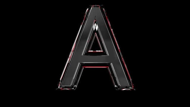 Solid glass font or alphabet red outline and moving reflection for words composing in your jewelry or gems conceptual videos - letter A isolated on black background, 60FPS 4K UHD 3D animation