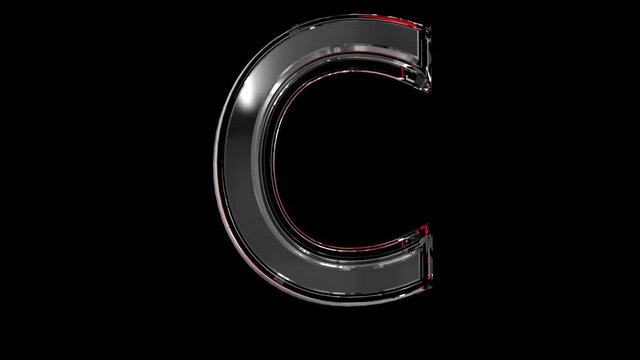 Solid glass font or alphabet red outline and moving reflection for words composing in your jewelry or gems conceptual videos - letter C isolated on black background, 60FPS 4K UHD 3D animation