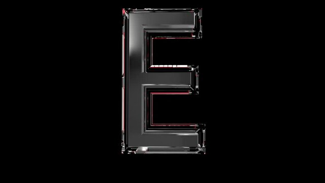 Solid glass font or alphabet red outline and moving reflection for words composing in your jewelry or gems conceptual videos - letter E isolated on black background, 60FPS 4K UHD 3D animation