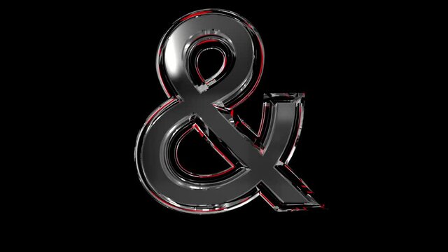 Solid glass font or alphabet red outline and moving reflection for words composing in your jewelry or gems conceptual videos - ampersand isolated on black background, 60FPS 4K UHD 3D animation