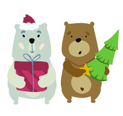Brown bear is holding  Christmas tree. Polar bear with gift. 
New Year card. Print for pajamas, t-shirts. Vector illustration
