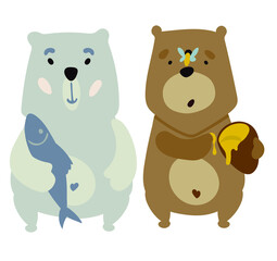 Brown bear eats honey. Polar bear caught fish. Vector illustration clipart. Print for pajamas, t-shirts.