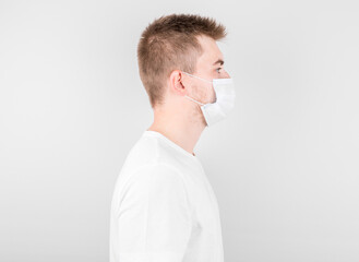 Man wearing hygienic mask to prevent infection, airborne respiratory illness such as flu, 2019-nCoV. indoor isolated on white background