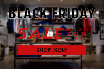 poster for black friday in black with sales up to 70% off on a bokeh clothing store background