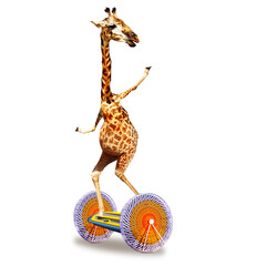 Funny photo of giraffe riding gyroscooter hoverboard isolated on white