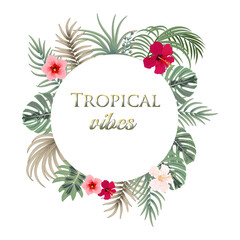 Fototapeta na wymiar Tropical frame palm leaves, flowers, jungle leaves, botanical vector illustration