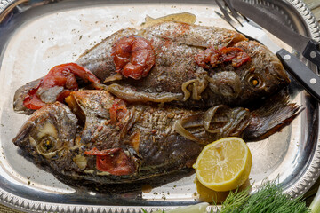 The gilt-head bream (Sparus aurata) with vegetables on a plate close-up