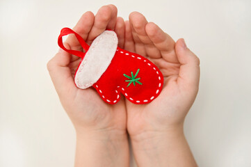 Christmas tree toy handmade from felt. Material for creativity.