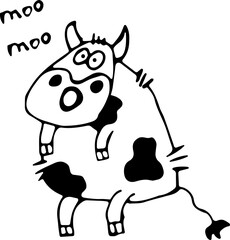 Vector illustration of a cow, a bull that says: Moo in the style of doodles. Concept of wildlife, agriculture, zodiac signs, New year, Chinese New year. Can be used for books, paper, Wallpaper, fabric
