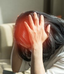 Brain diseases problem cause chronic severe headache migraine. Woman adult look tired and stressed...