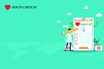 Concept of medical health check up, doctor wear a white face mask and hold a big pencil to work on a big screen of tablet that contain health checklist to discuss and plan to treat the patients.