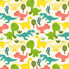 Seamless pattern with cute animals, Dinosaur seamless pattern with tree