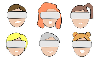 heads of people with a virtual reality headset. Faces of people with emotions with vr glasses, VR helmet. Emotional faces with virtual reality glasses. Vector set, collection.