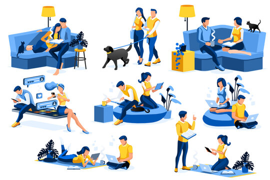 Female and Male Characters together at home, couple relaxing on the weekend, leisure and love concept. Time for books, time for leisure relax at home. Isometric Illustration Flat Vector.