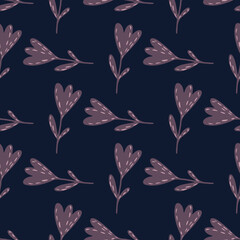 Dark purple seamless tulip flower pattern. Navy blue background. Simple botanic artwork.