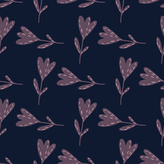 Dark purple seamless tulip flower pattern. Navy blue background. Simple botanic artwork.