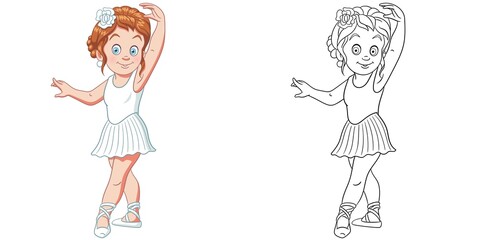 Coloring page with ballerina girl. Line art drawing for kids activity coloring book. Colorful clip art. Vector illustration.